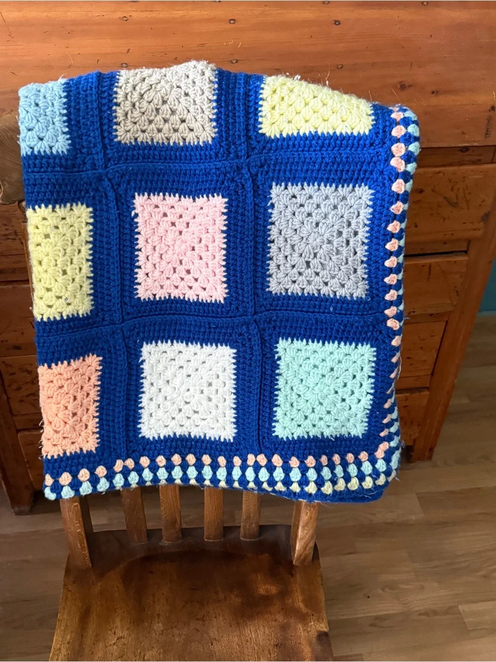 Vintage Fabric Lined Royal Blue Crochet Blanket Accent